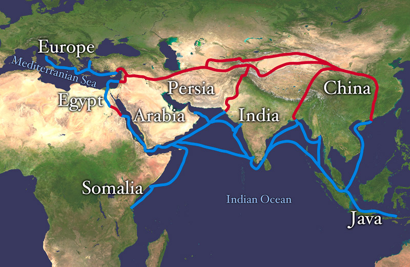 Мир-система XI века (красные и синие полосы - маршрут великого шелкового пути)